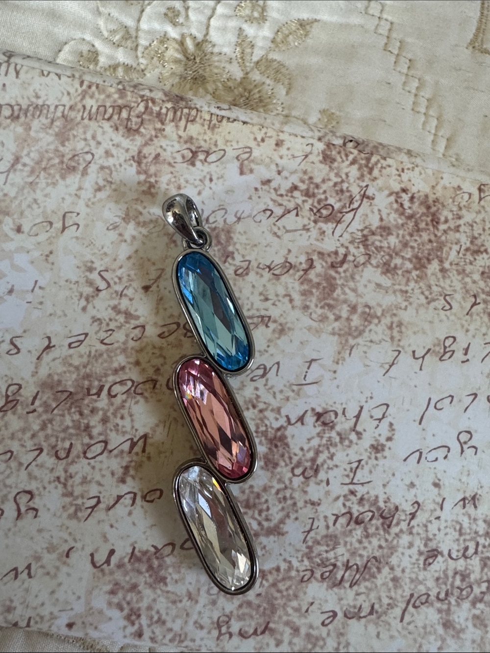 Multi-Color Crystal Trio Pendant Necklace - Blue Pink Clear